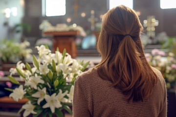 Close up of woman with lily flowers and a coffin standing at a funeral in a modern church. - obrazy, fototapety, plakaty