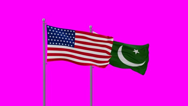 Pakistan flag and USA or United State flags waving with colored chroma key for easy background remove, endless seamless loop, two country relations concept