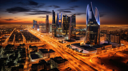 Aerial view of Dubai downtown at night, United Arab Emirates . - obrazy, fototapety, plakaty