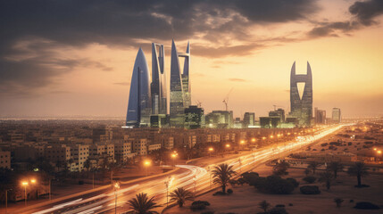 Dubai skyline at sunset, United Arab Emirates. Dubai is the fastest growing city in the world . - obrazy, fototapety, plakaty