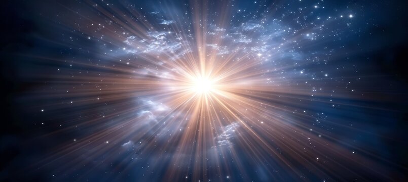 Bright epiphany star shining in night sky, adoration of baby jesus, copy space, blurred background