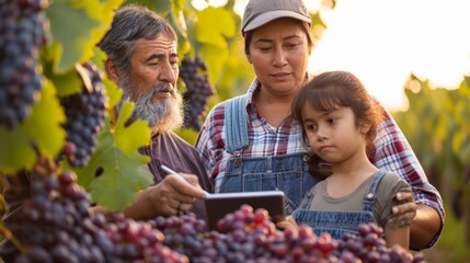 Senior woman working in vineyard with grandchild using modern technology tablet connect to digital world online market, healthy elderly 60s pensioner happy teaching girl to harvest in grape farm