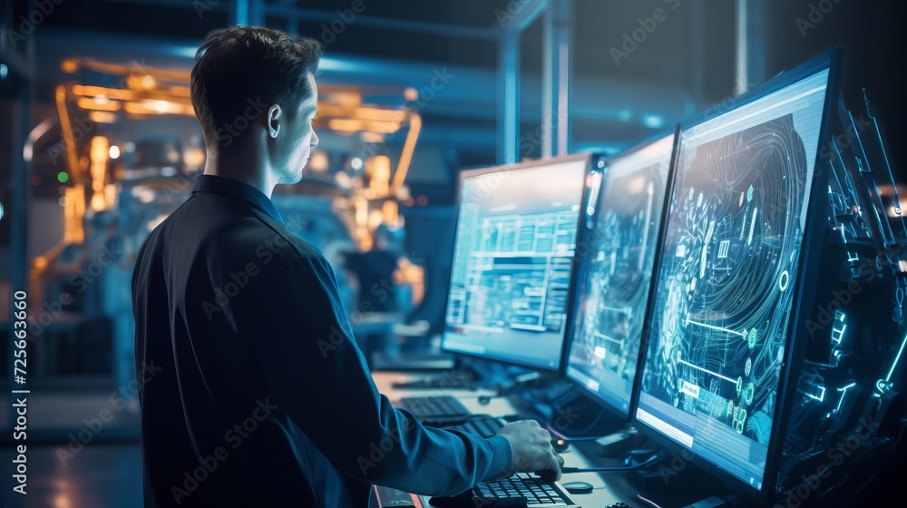 Poster skilled engineer operating a fully automated machine with programmable logic controller (plc) using 