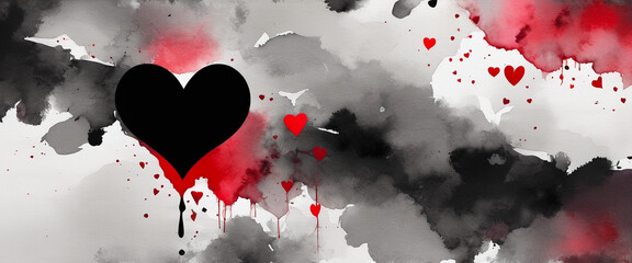 One small black heart shape. Red and black ink smudge and splatter background. Illustration in watercolor style.
