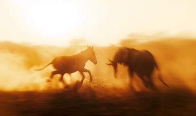Obraz na płótnie Canvas Donkey and elephant fighting at farmland during dusk, motionblur. The animals are symbols for the US election.
