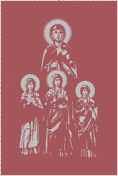 Christian vintage one color embroidery pattern. Red and white image of the faith, the hope, the love and their mother Sophia