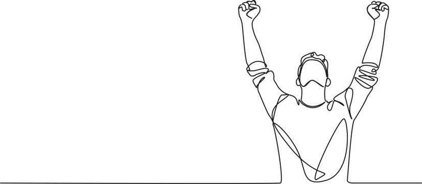 recommend clip art: continuous single line drawing of cheering man with raised arms, line art vector illustration