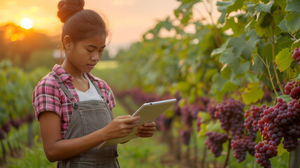 Hispanic woman working in vineyard harvest using modern technology tablet computer connect to online market or examining grape quality, orchard small business farmer entrepreneur female lifestyle