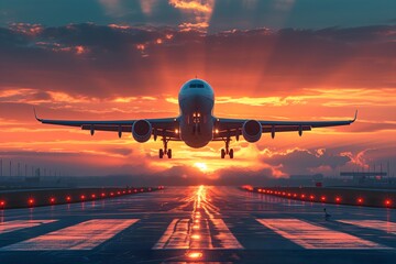 Experience the thrill of departure as a plane ascends into the sunset-lit sky from the airport...