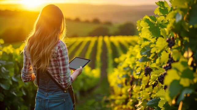 Hispanic woman working in vineyard harvest using modern technology tablet computer connect to online market or examining grape quality, orchard small business farmer entrepreneur female lifestyle