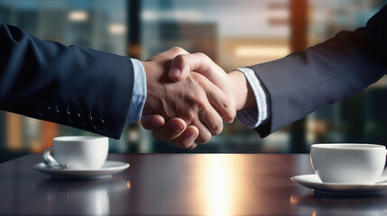 Business people shaking hands, finishing up a meeting. Close-up of two businesspeople shaking hands .