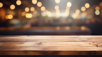 Empty wooden table and Coffee shop blur background with bokeh image . - Powered by Adobe