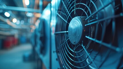 Close-up of a ventilation fan in operation within an industrial HVAC setup, focus on blade movement - obrazy, fototapety, plakaty