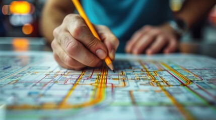 Close-up of a transportation engineer's hand sketching a mass transit network, with metro stations and bus routes - obrazy, fototapety, plakaty