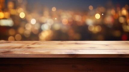 Empty wooden table against blurry cityscape at night with bokeh