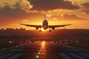 Witness the majesty of aviation as a plane gracefully takes off from an airport against a stunning sunset sky backdrop. Perfect for travel and adventure themes. - obrazy, fototapety, plakaty