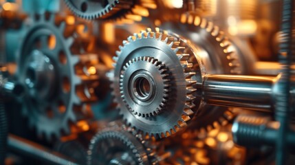 Close-up of mechanical gears and components, intricate engineering design, metallic textures, workshop environment - obrazy, fototapety, plakaty