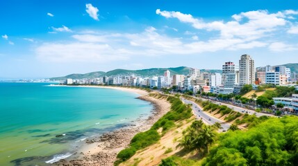 Vung Tau city and coast, Vietnam. Vung Tau is a famous tourism coastal city in the South of Vietnam. Travel concept - obrazy, fototapety, plakaty