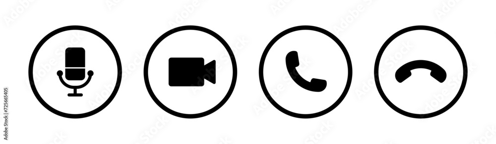 Poster video call icon set for smartphone interface with microphone, recorder, pick, end call and receive c