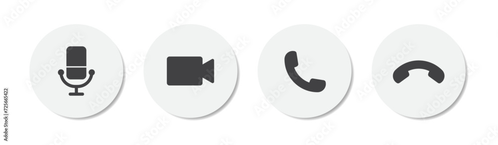 Poster video call icon set for smartphone interface with microphone, recorder, pick, end call and receive c