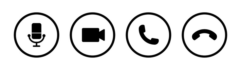 Video call icon set for smartphone interface with microphone, recorder, pick, end call and receive call symbol in stroke circle - obrazy, fototapety, plakaty