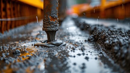 Macro shot of wet concrete being poured, emphasizing the texture and flow as it sets in a formwork - obrazy, fototapety, plakaty