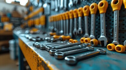 Mechanical tools array, close-up view, wrenches and screwdrivers, organized in a workshop, engineering precision