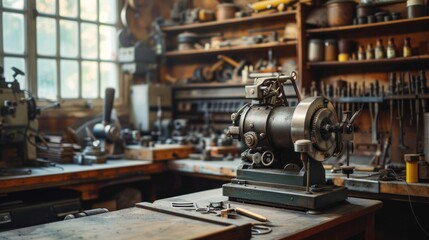 Old-fashioned mechanical workshop, vintage tools and machinery, close-up on the craftsmanship and engineering detail