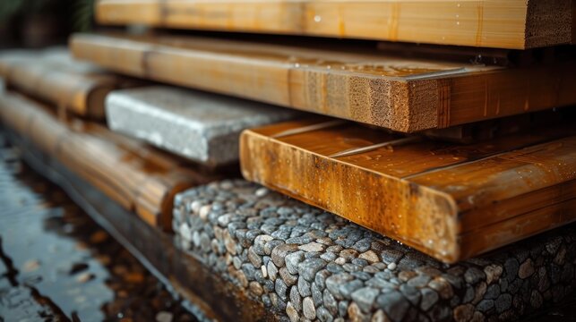 Macro shot of natural building materials being used in a construction site, highlighting bamboo, reclaimed wood, and natural stone
