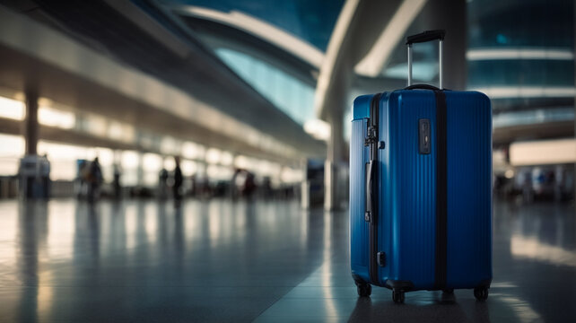 Travel luggage blue suitcase in terminal empty departures, travel concept, holidays concept
space for text