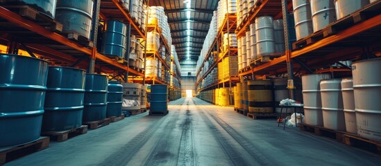Storing oil barrels and chemical drums in a warehouse. - obrazy, fototapety, plakaty