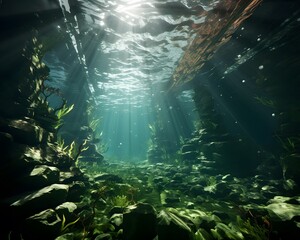 Fototapeta na wymiar Underwater view of the sea with green algae and sunbeams