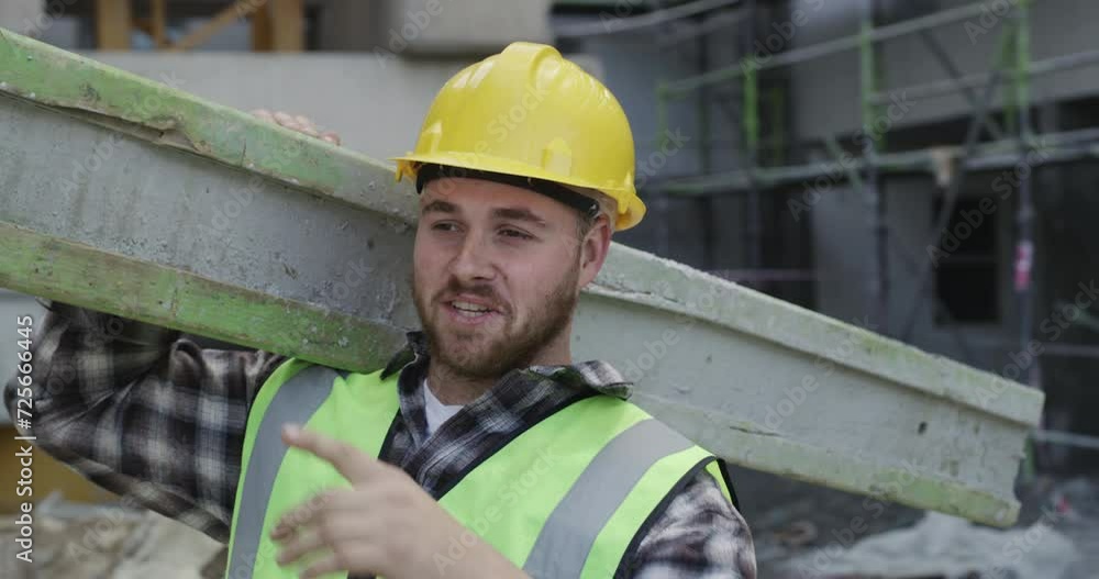 Sticker Carry, construction site or contractor with cement or material for architecture design or building. Engineering, industrial development or face of builder, maintenance worker and happy man greeting