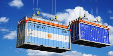 Shipping containers with flags of Argentina and European Union - 3D illustration