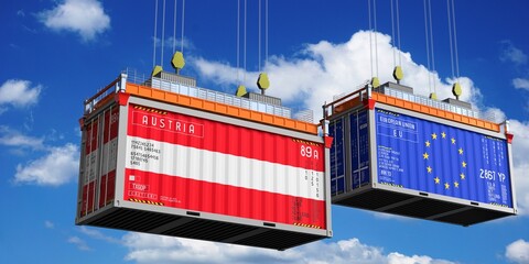 Shipping containers with flags of Austria and European Union - 3D illustration - obrazy, fototapety, plakaty