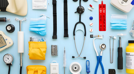 Flatlay doctor tools paramedic first aid nurse stethoscope medic ambulance bag emergency kit toolkit flat lay top down essential life saver syringe CPR resuscitate - Powered by Adobe