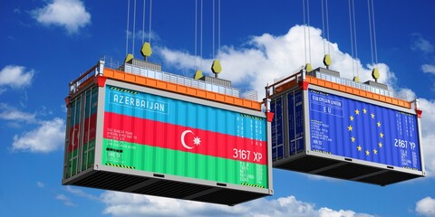 Shipping containers with flags of Azerbaijan and European Union - 3D illustration - obrazy, fototapety, plakaty