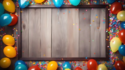 Wooden frame among colorful carnival or party balloons, streamers and confetti on rustic grunge wood planks with copy space. - obrazy, fototapety, plakaty