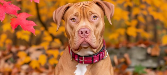 Animal pet banner - Sad brown pitt bull terrier dog in the nature with autumnal leaves in autumn