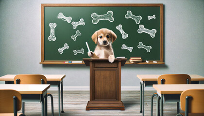 Puppy professor standing in front of a blackboard teaching the science of dog bones with a chalk stick in its paws