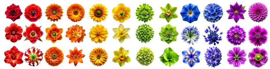 Conjunto de flores diferentes sin fondo. Pack de flores variadas con los colores del arcoíris en PNG. Flores rojas, amarillas, verdes, azules, moradas y naranjas. Hecho con IA.