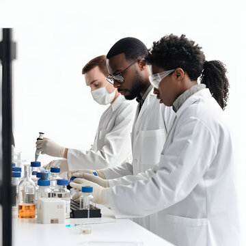 A team of researchers developing a new vaccine in a lab isolated on white background, hyperrealism, png

