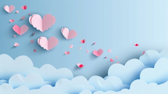 Horizontal banner with blue sky and paper cut clouds. Place for text. Happy Valentine's day sale header or voucher template with hearts. Rose cloudscape border frame pastel colors.