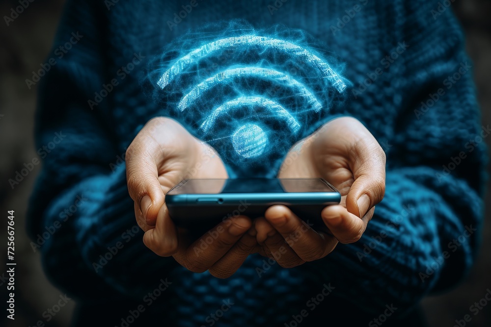 Poster shining holographic wifi icon as an interactive element hovering over a mobile phone held in hands