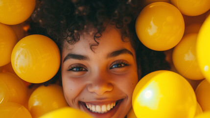 Happy candid african american girl laughing in a yellow ball pit. AI generated