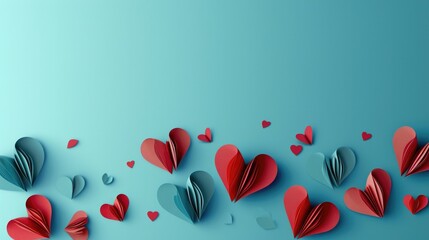 Paper composition in the shape of flying hearts on blue background, vector symbol of love for women. Happy Valentine's Day