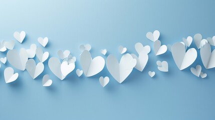 Paper composition in the shape of flying hearts on blue background, vector symbol of love for women. Happy Valentine's Day