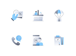 Comfortable shopping - flat design style icons set. High quality colorful images of customer discount card, percent, grocery basket, air delivery, phone call, payment terminal. Consumer society idea