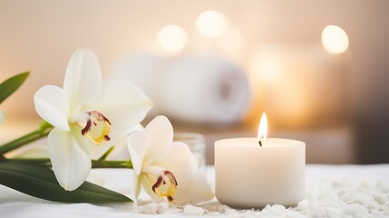 decoration Candles are lit. for spa and massage. white frangipani flowers blooming, plumeria, black zen stone, health concept, massage, spa,