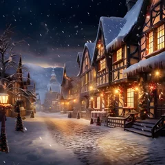 Fototapete Rund Winter night in european village. Christmas and New Year concept. © Michelle